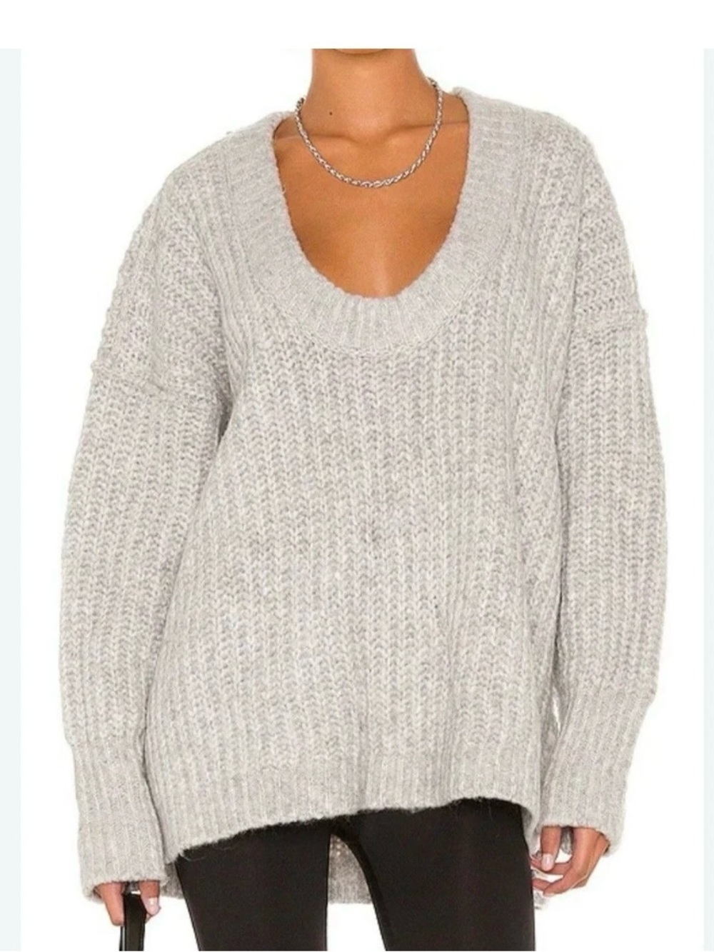 Free People Blue Bell V Neck Sweater Light Heather Gray Oversized Slouchy Size M - Picture 2 of 3